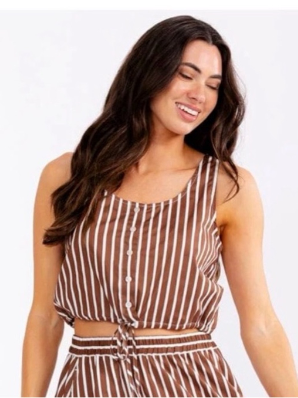 A617b Brown & White Stripe Tie-Front Tank Top - Women